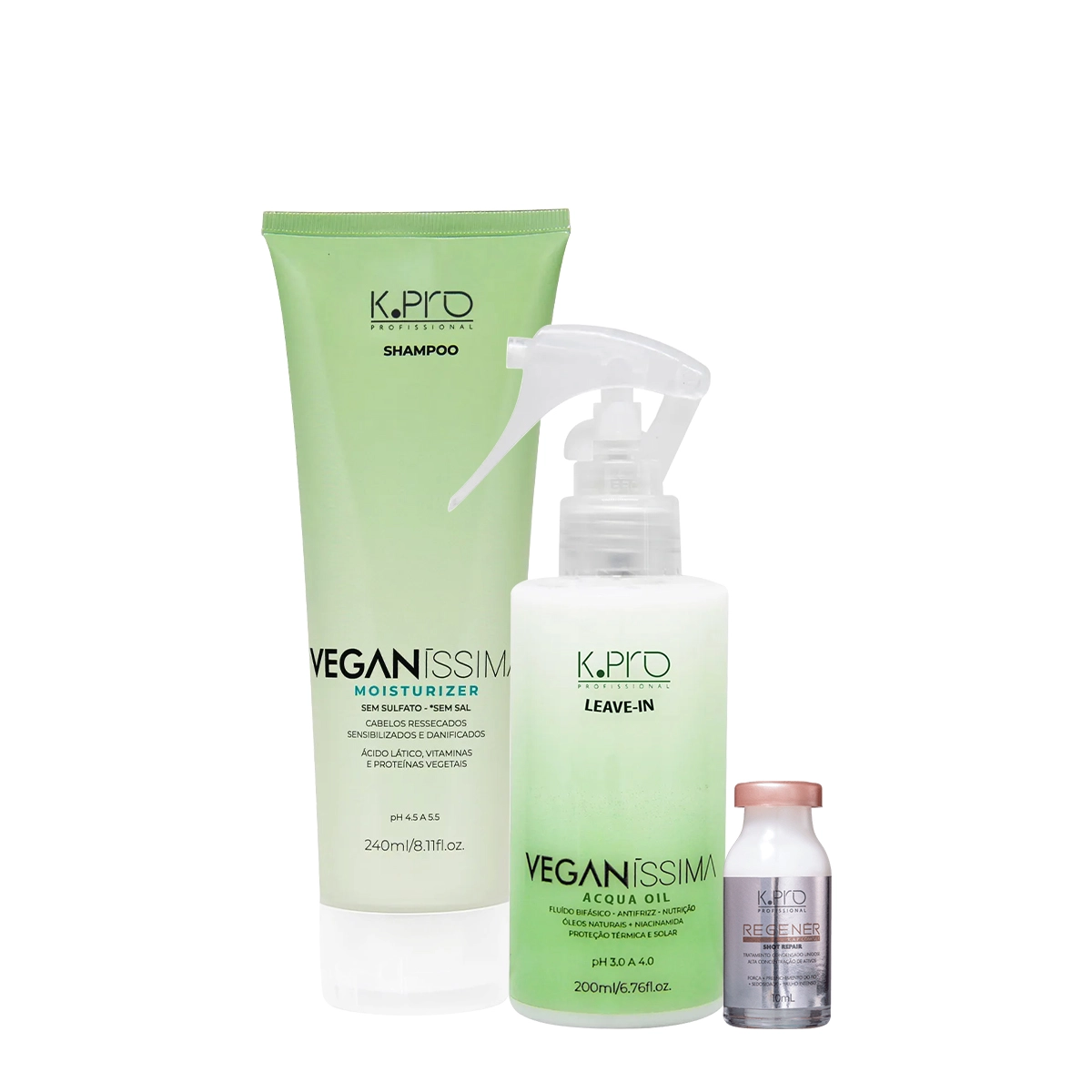 Kit K.Pro Veganíssima Moisturizer Shampoo Leave-in E Regenér Shot Repair (3 Produtos)