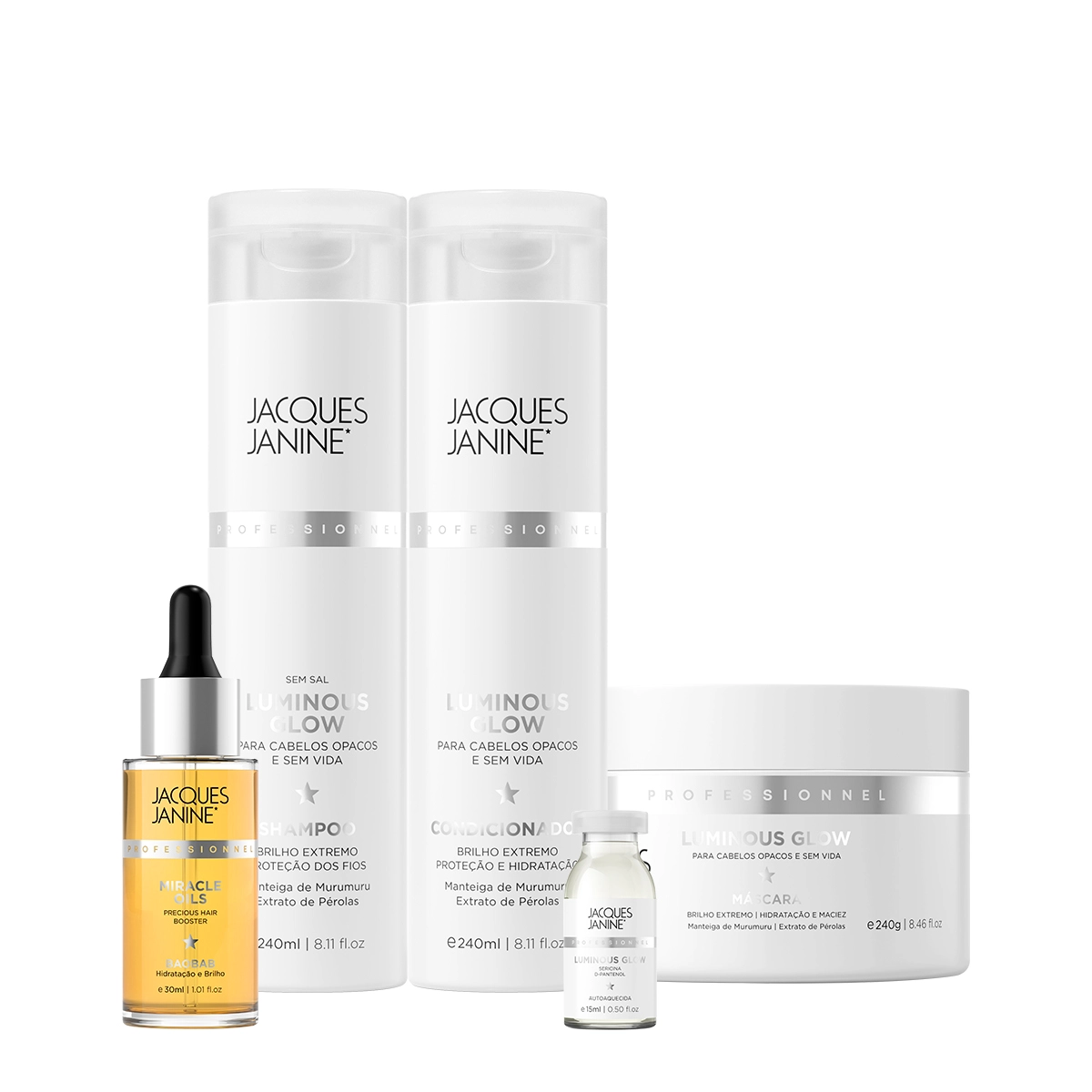 Produto Kit_Jacques_Janine_Professionnel_Luminous_Glow_Shampoo_Condicionador_Mascara_Ampola_e_Miracle_Oils_Baobab_Evas_1