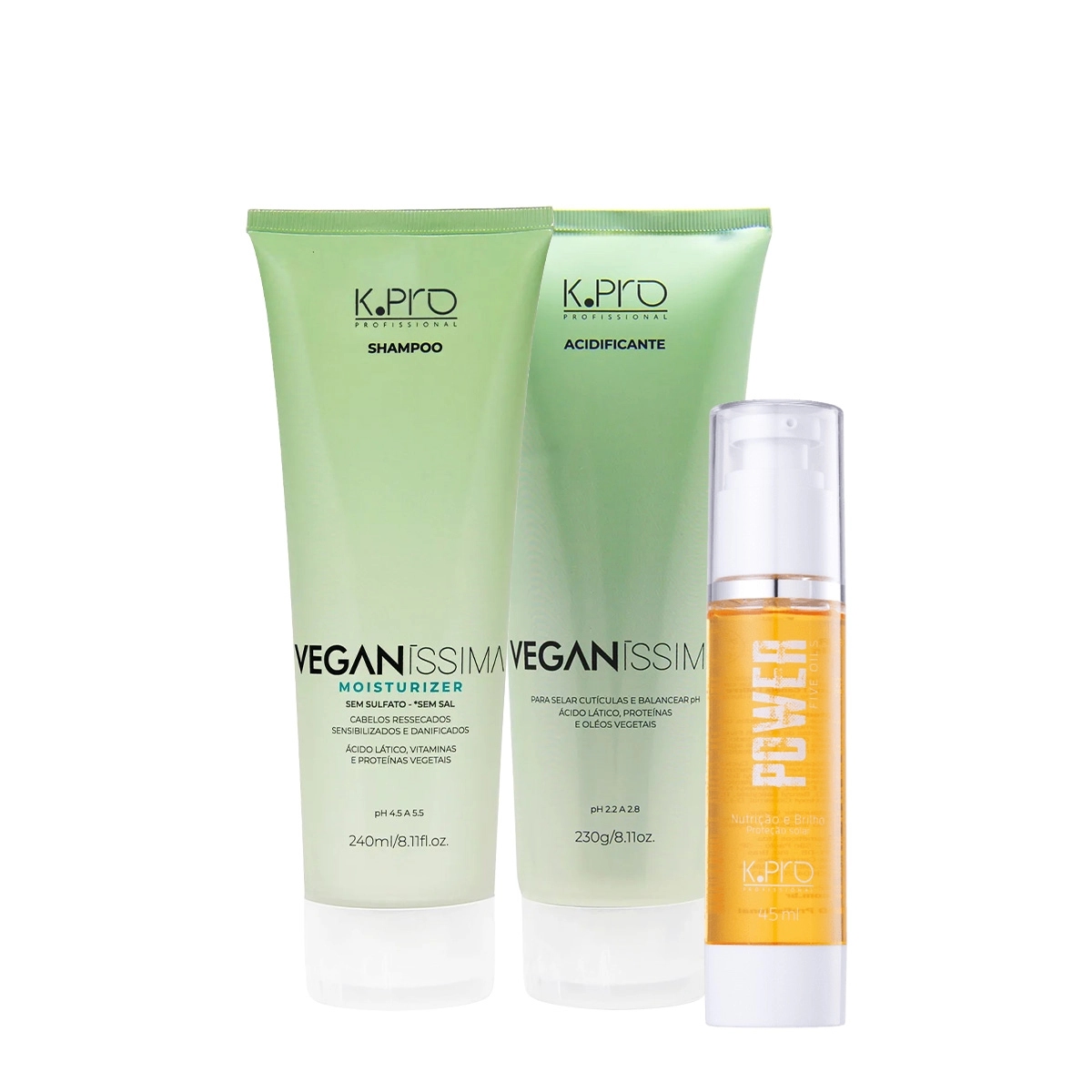 Kit K.Pro Veganíssima Moisturizer Shampoo Acidificante E Style Argan Power Five Oils (3 Produtos)