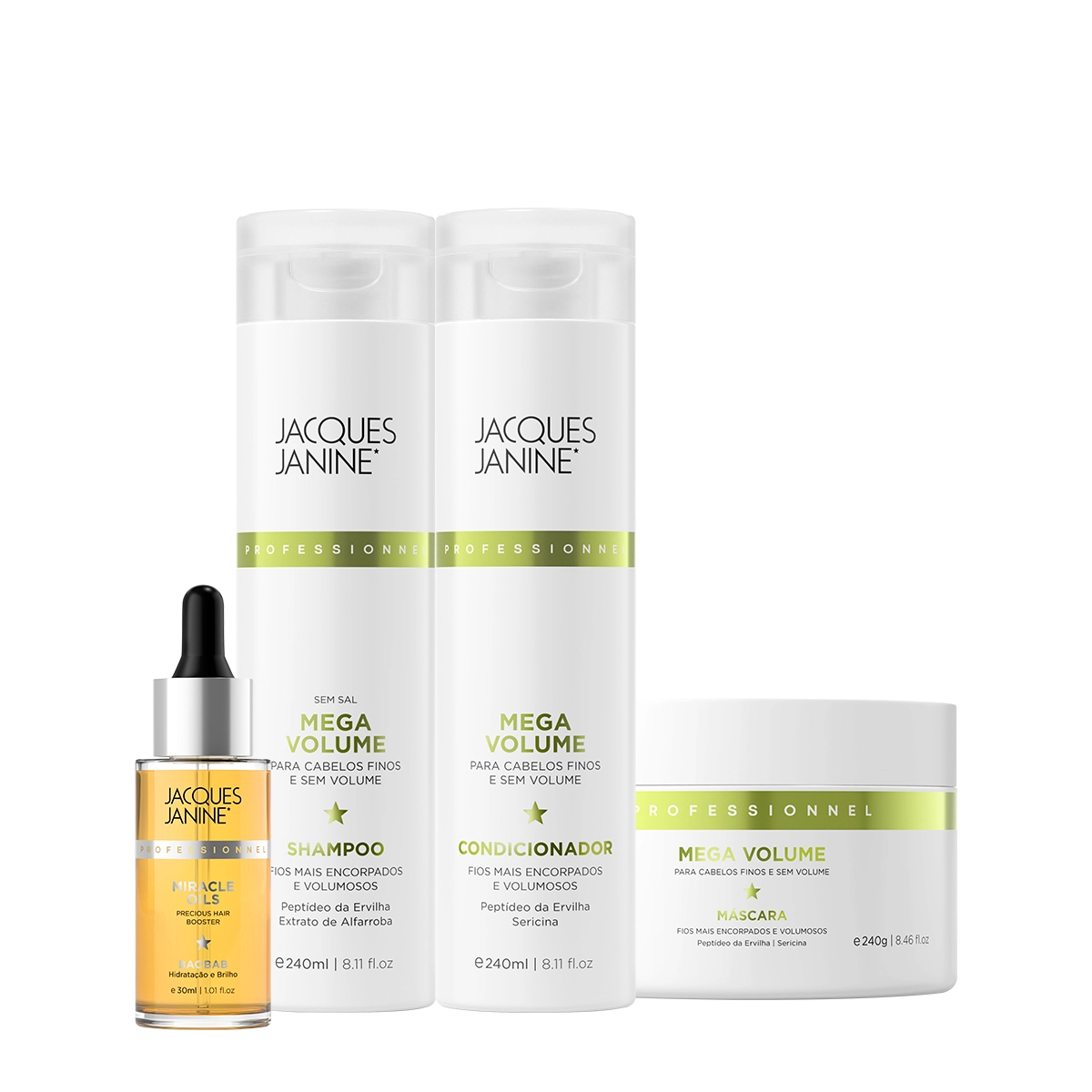 Produto Kit_Jacques_Janine_Professionnel_Mega_Volume_Shampoo_Condicionador_Mascara_e_Miracle_Oils_Baobab_Evas_1