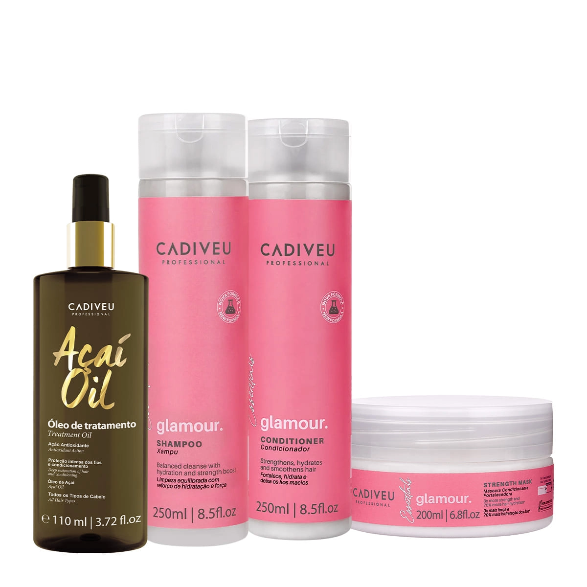 Kit Cadiveu Profissional Essentials Glamour Shampoo Condicionador Máscara E Açaí Oil 110 (4 Produtos)