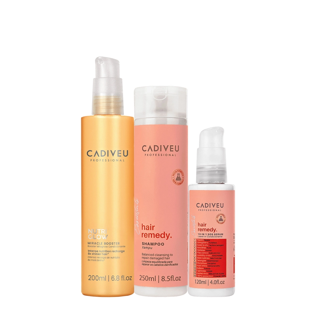 Kit Cadiveu Essentials Hair Remedy Shampoo Sérum E Nutri Glow Booster (3 Produtos)