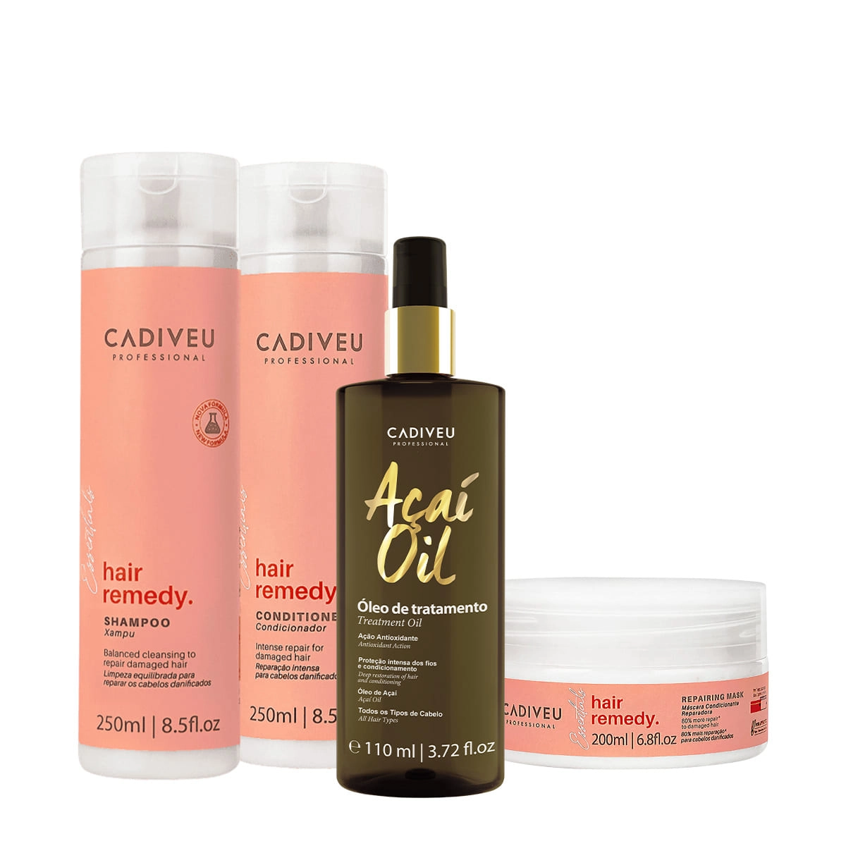 Kit Cadiveu Essentials Hair Remedy Shampoo Condicionador Máscara E Açaí Oil 110 (4 Produtos)