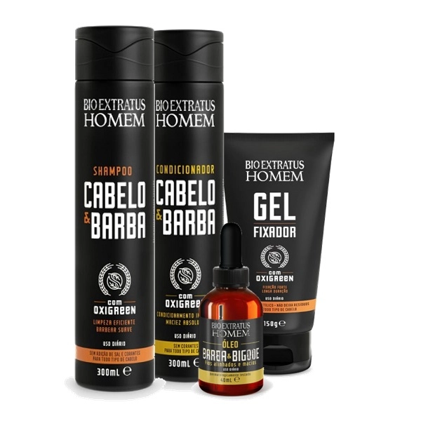 Bio Extratus Homem Kit Cabelo E Barba Shampoo Condicionador 300ml Gel Fixador Forte 150g E Óleo 40ml