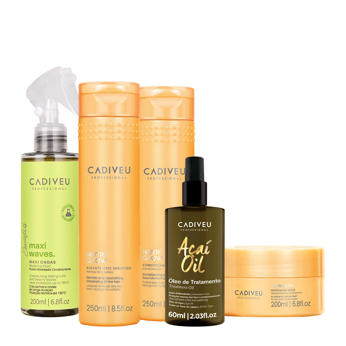 Kit Cadiveu Professional Nutri Glow Shampoo Condicionador Máscara Maxi Ondas E Açaí Oil 60 (5 Produtos)