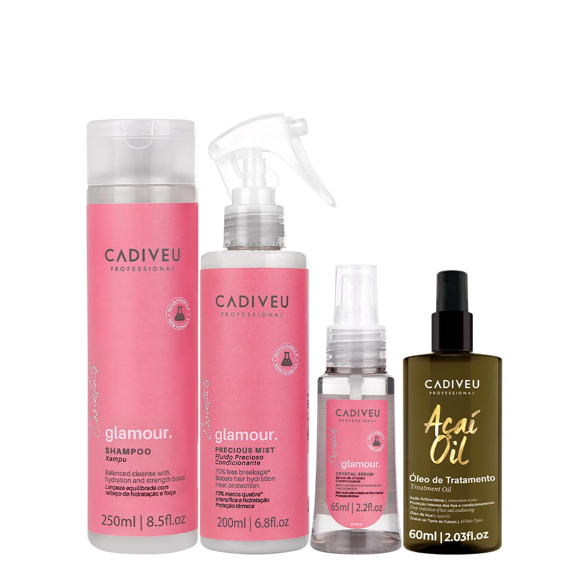 Kit Cadiveu Professional Essentials Glamour Shampoo Fluído Sérum E Açaí Oil (4 Produtos)