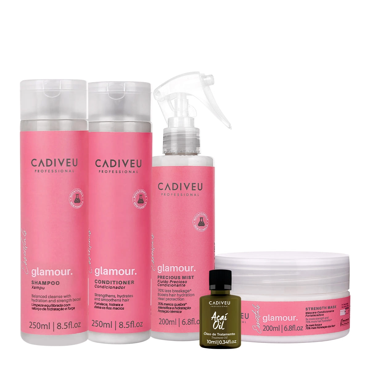 Kit Cadiveu Profissional Essentials Glamour Shampoo Condicionador Máscara Fluído E Açaí Oil P (5 Produtos)