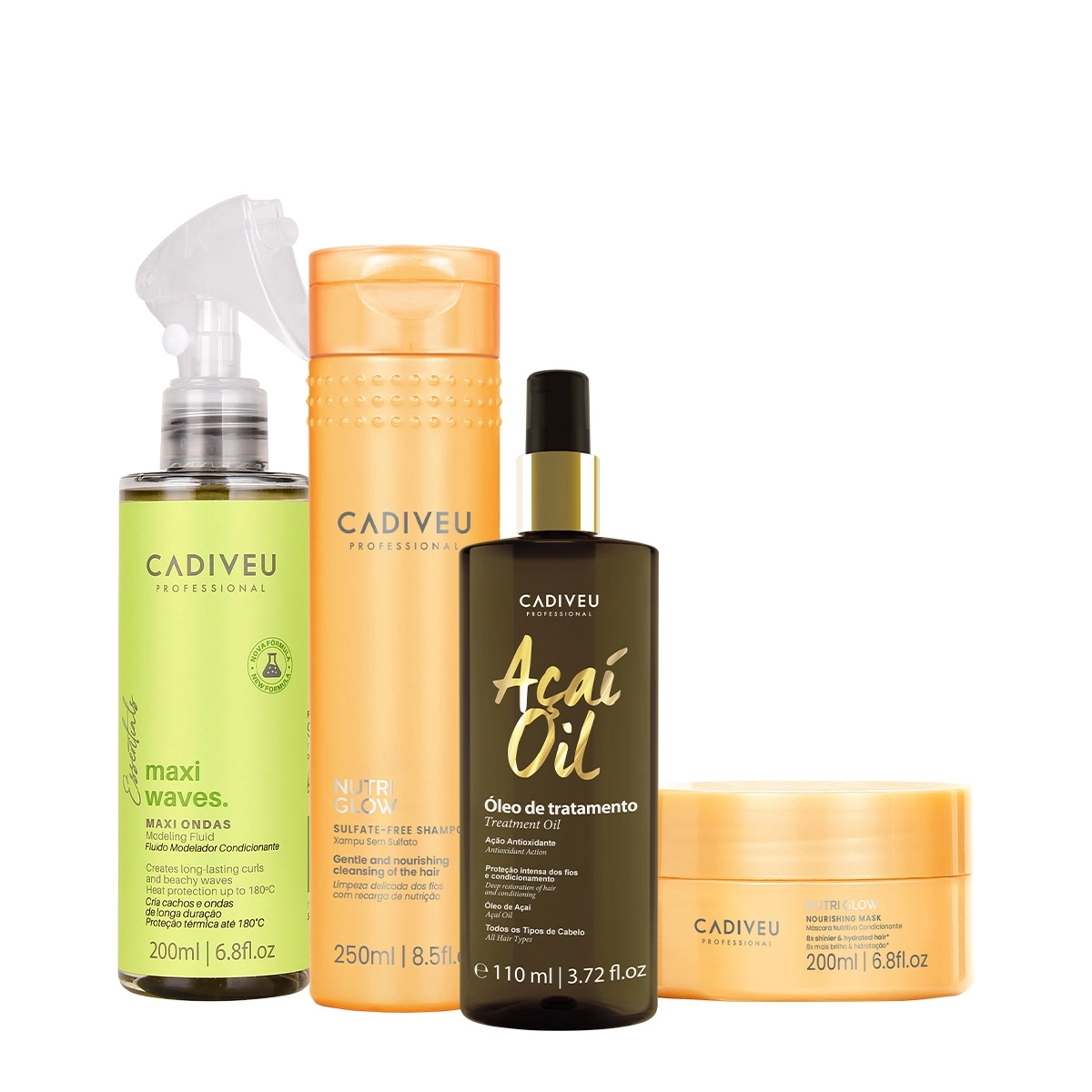 Kit Cadiveu Professional Nutri Glow Shampoo Máscara Maxi Ondas E Açaí Oil 110 (4 Produtos)