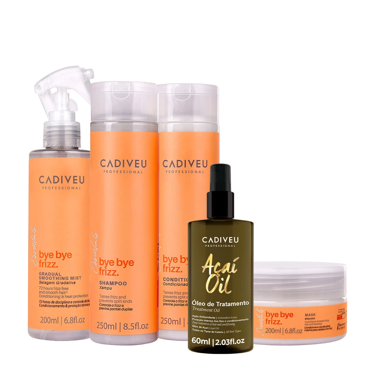 Kit Cadiveu Professional Bye Bye Frizz Shampoo Condicionador Selagem Gradativa Máscara E Açaí Oil 60 (5 Produtos)