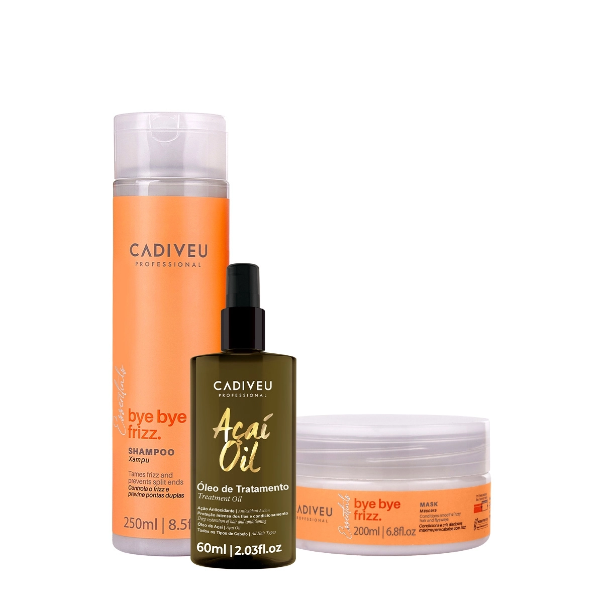 Kit Cadiveu Professional Bye Bye Frizz Shampoo Máscara E Açaí Oil 60 (3 Produtos)