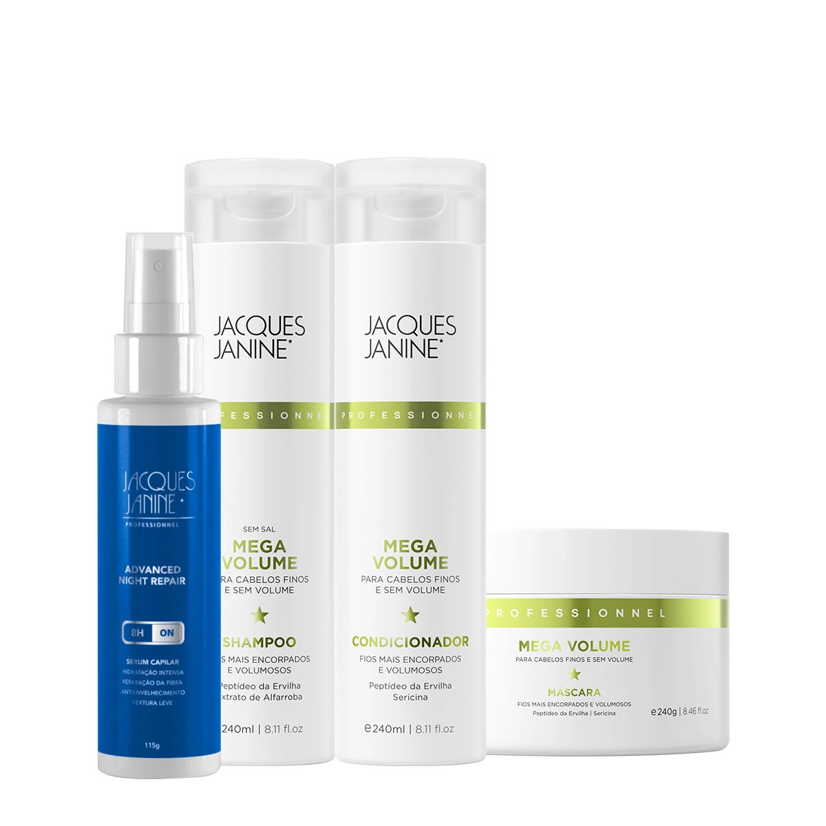 Produto Kit_Jacques_Janine_Professionnel_Mega_Volume_Shampoo_Condicionador_Mascara_e_Night_Serum_Evas_1