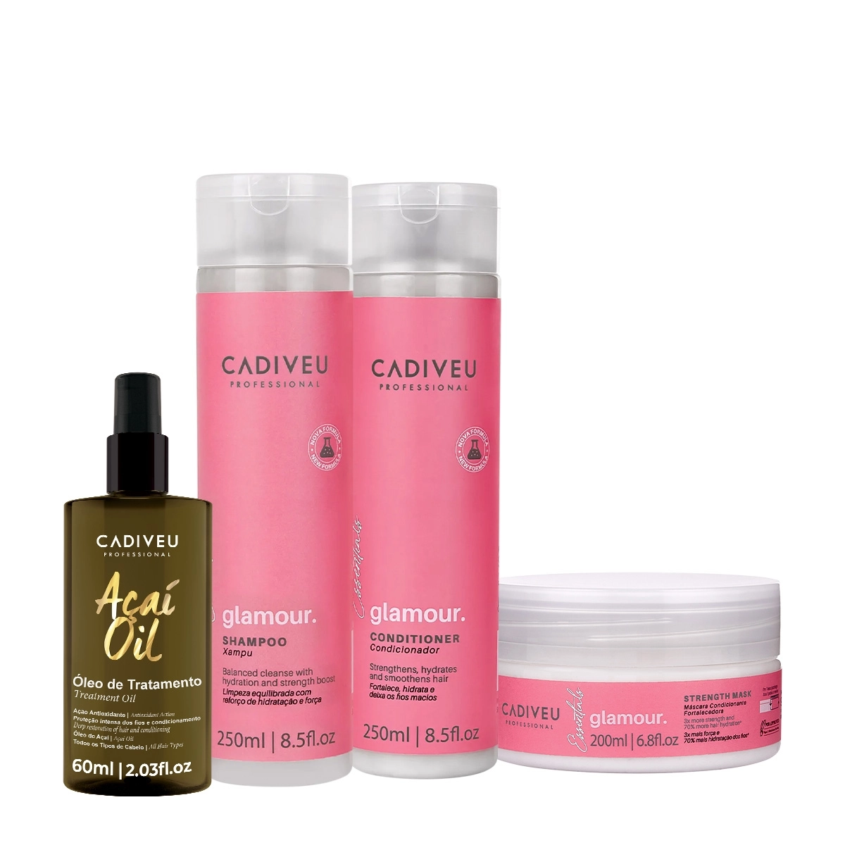 Kit Cadiveu Profissional Essentials Glamour Shampoo Condicionador Máscara E Açaí Oil 60 (4 Produtos)