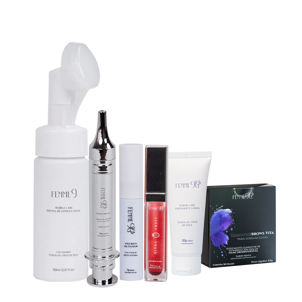 Produto Kit_Femme9_Espuma_Facial_Theraphybrows_Vita_Gel_Fixador_Serum_Esfoliante_Gloss_Evas_1