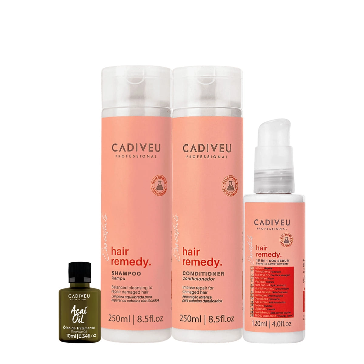Kit Cadiveu Essentials Hair Remedy Shampoo Condicionador Leave-in Sérum E Açaà Oil (4 Produtos)