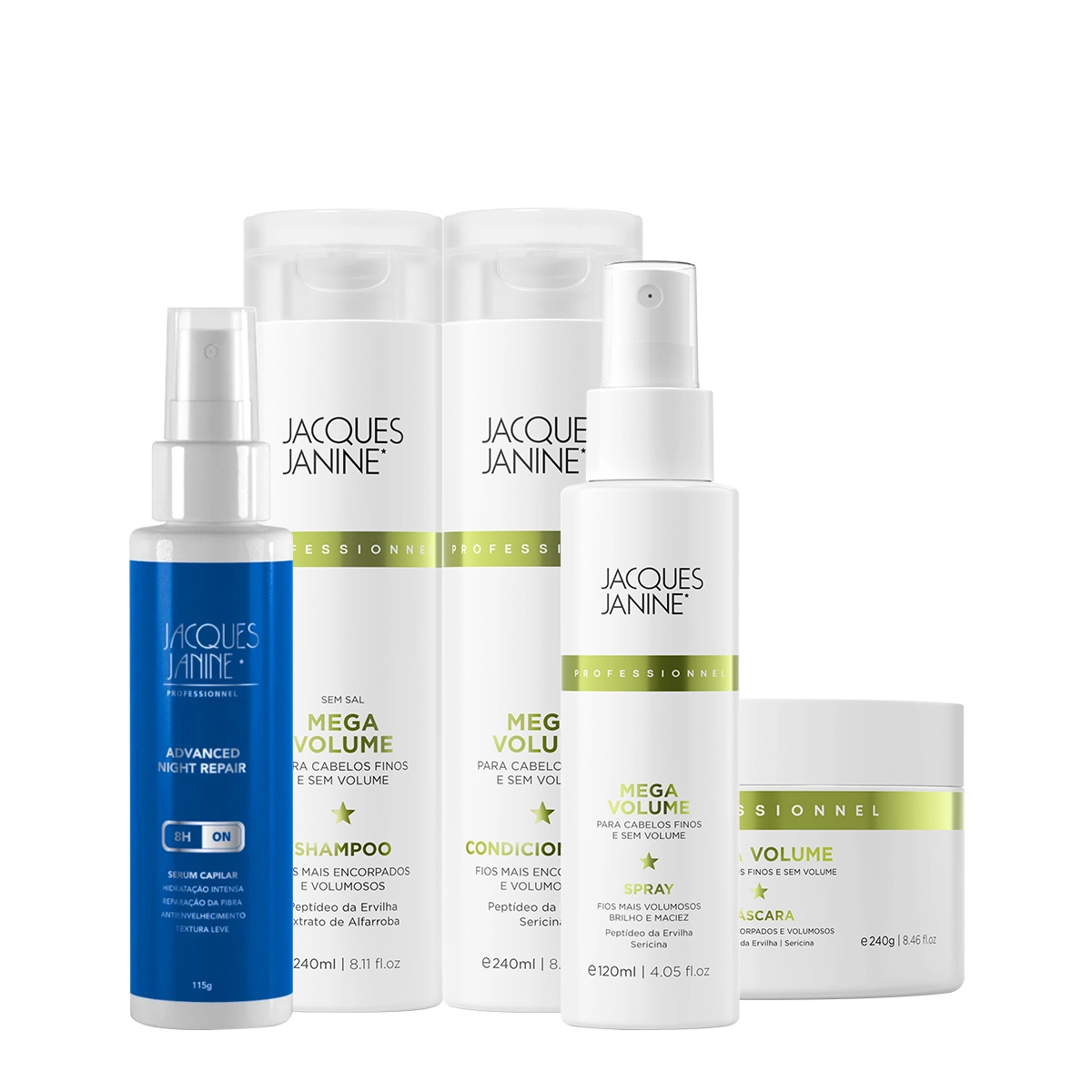 Produto Kit_Jacques_Janine_Professionnel_Mega_Volume_Shampoo_Condicionador_Mascara_Spray_e_Night_Serum_Evas_1
