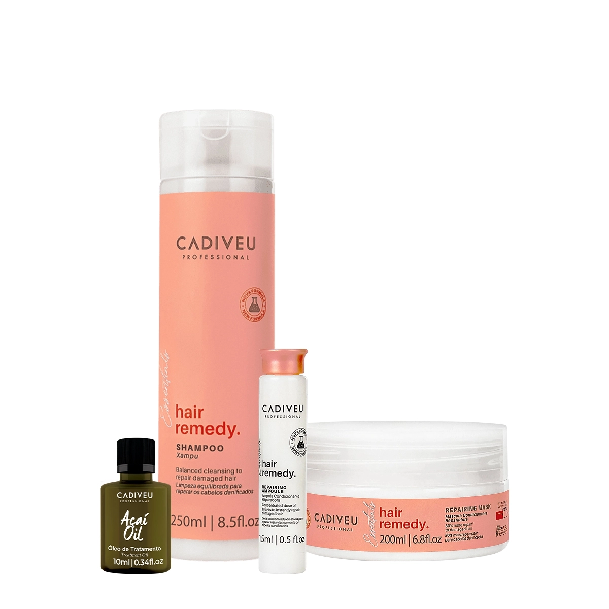 Kit Cadiveu Essentials Hair Remedy Shampoo Máscara Ampola E Açaí Oil (4 Produtos)