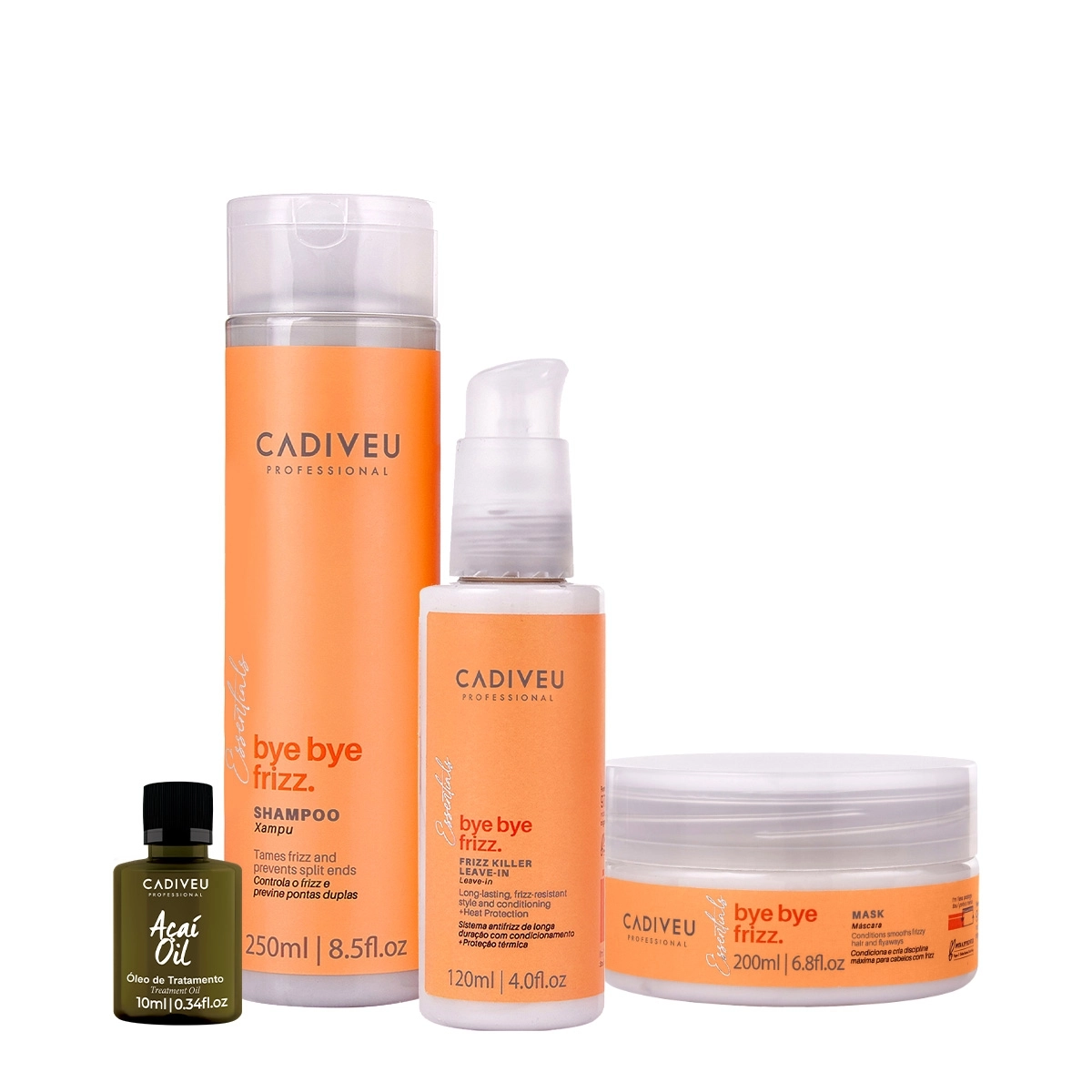 Kit Cadiveu Professional Bye Bye Frizz Shampoo Leave-in Máscara E Açaí Oil (4 Produtos)