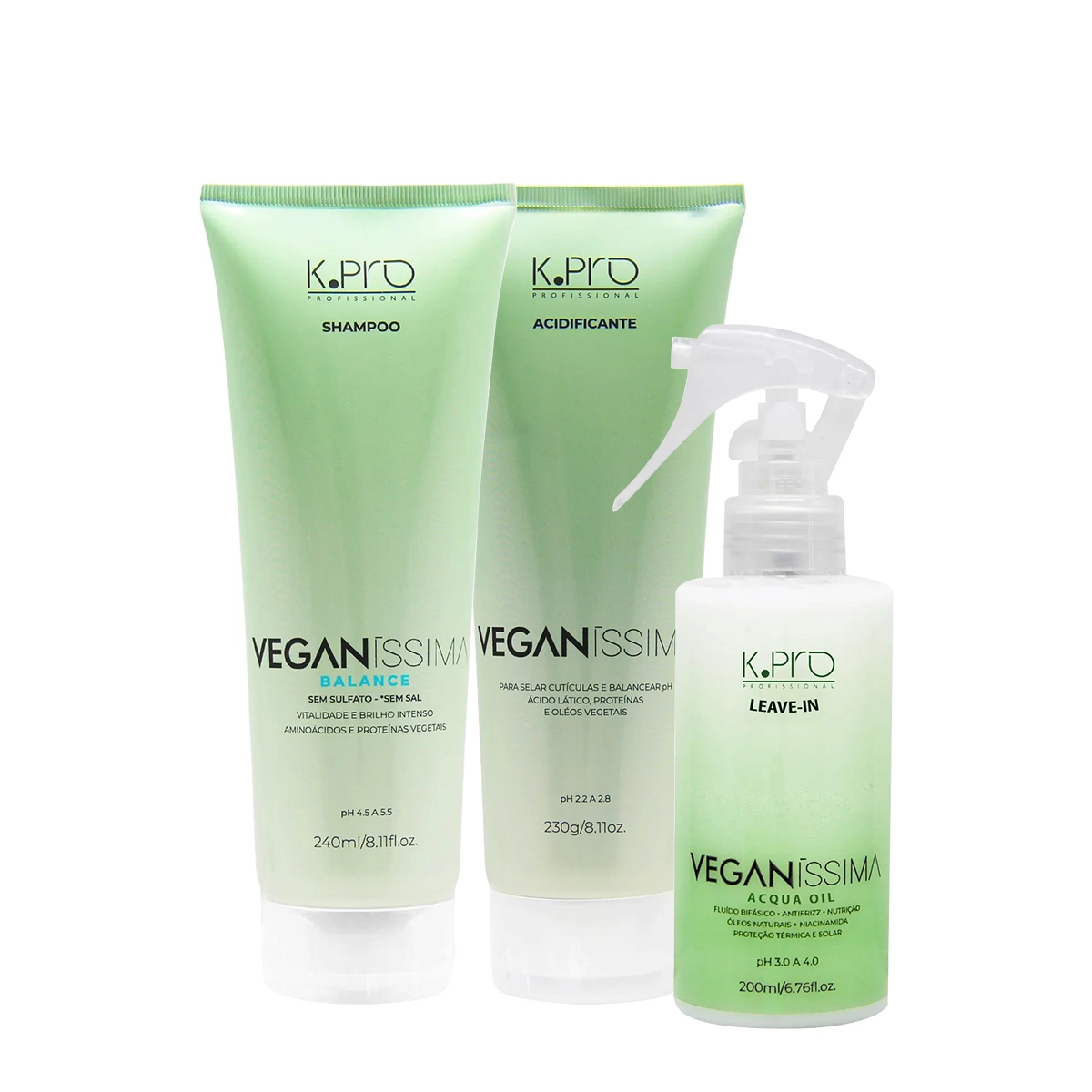 Kit K.Pro Veganíssima Balance Shampoo Acidificante E Acqua Oil Spray Leave-in (3 Produtos)