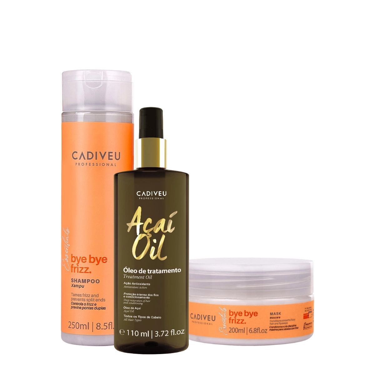 Kit Cadiveu Professional Bye Bye Frizz Shampoo Máscara E Açaí Oil 110 (3 Produtos)