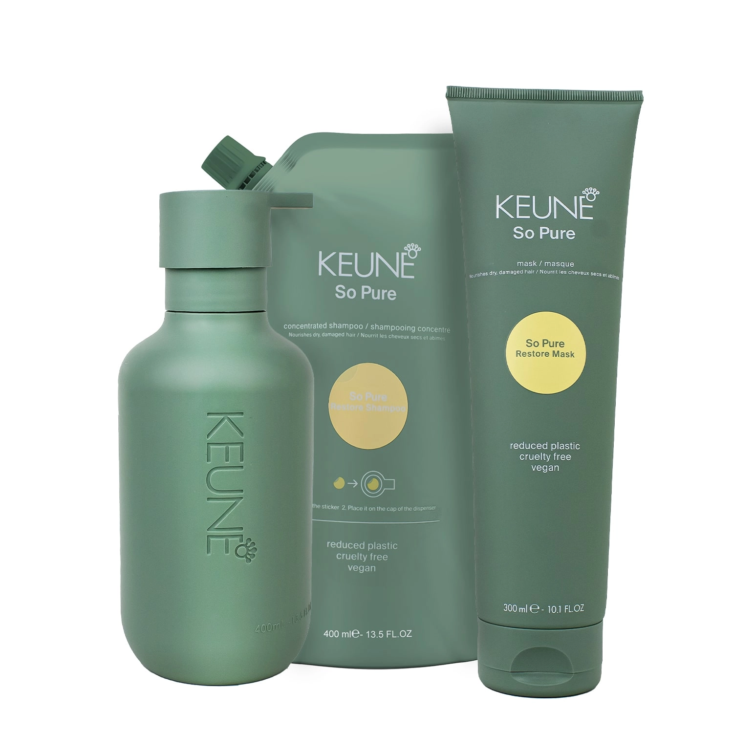 Kit Keune So Pure Restore Shampoo Refil Máscara E Dispenser Frasco (3 Produtos)