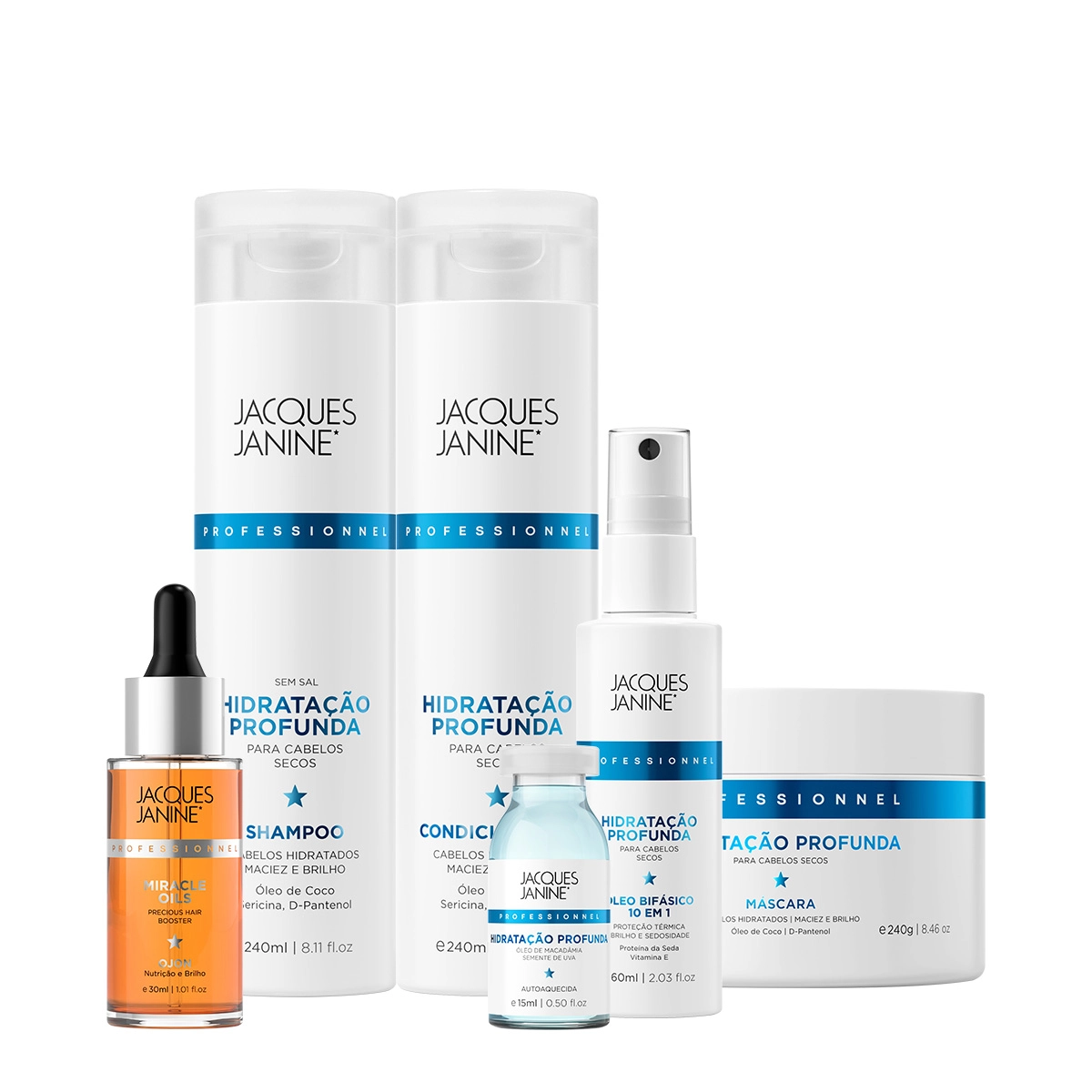 Produto Kit_Jacques_Janine_Hidratacao_Profunda_Shampoo_Condicionador_Mascara_Oleo_bifasico_Ampola_e_Miracle_Oils_Ojon_Evas_1
