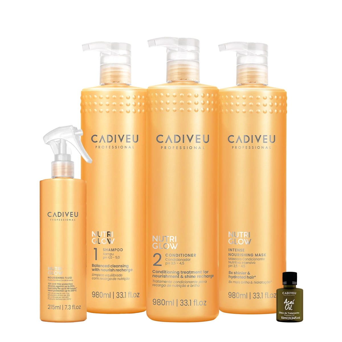 Kit Cadiveu Professional Nutri Glow Shampoo Condicionador Máscara G Fluído E Açaí Oil 110 (5 Produtos)