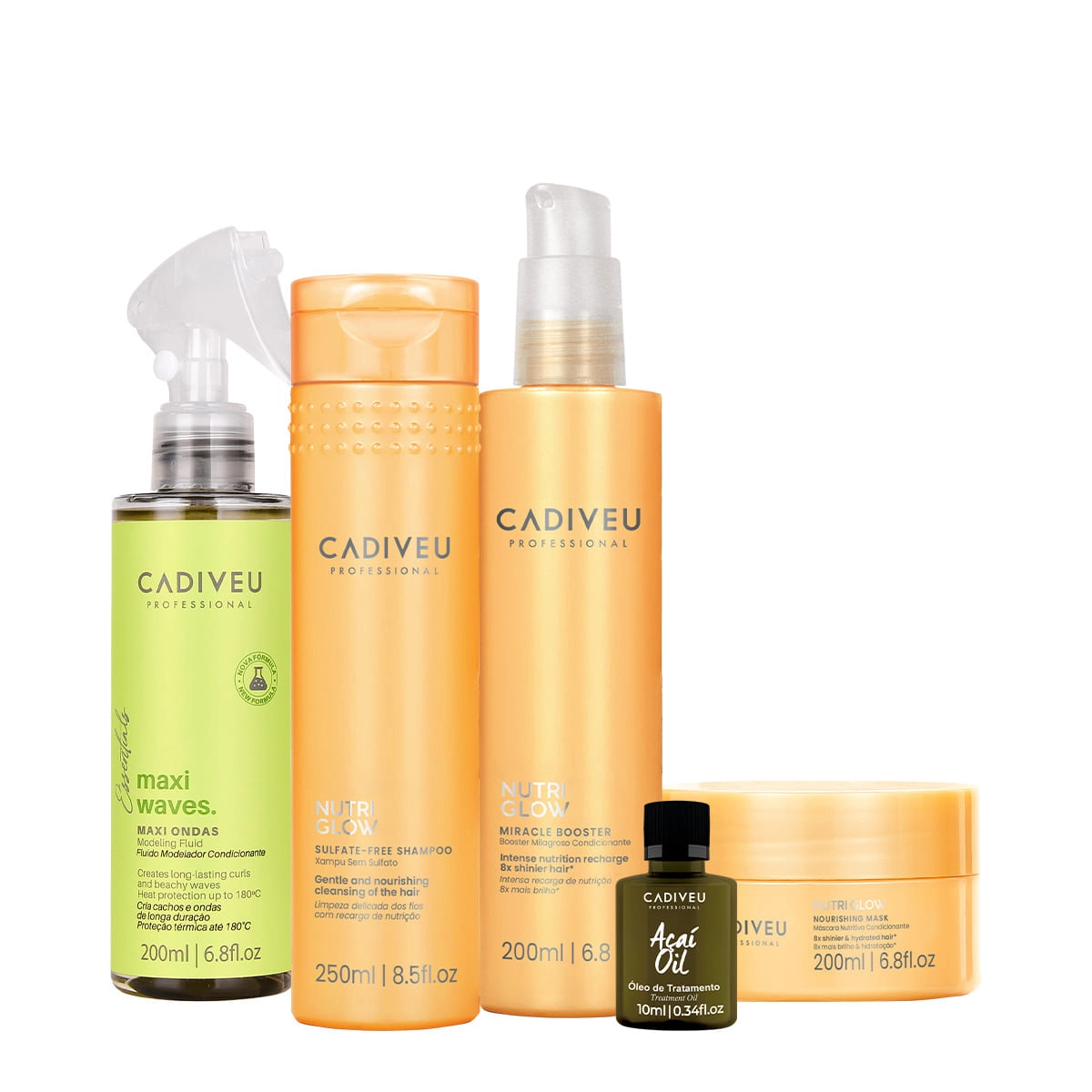 Kit Cadiveu Professional Nutri Glow Shampoo Máscara Maxi Ondas Booster Fluído De Tratamento E Açaí Oil (5 Produtos)