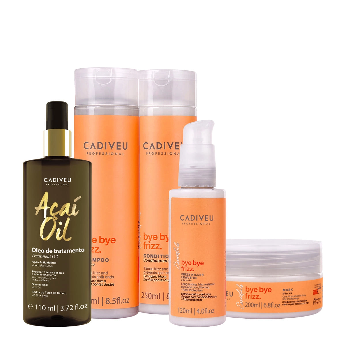 Kit Cadiveu Professional Bye Bye Frizz Shampoo Condicionador Máscara Leave-in E Açaí Oil 110 (5 Produtos)