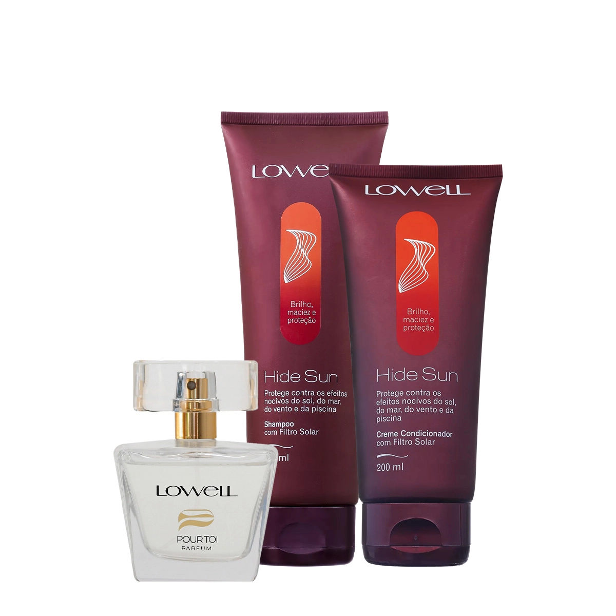 Kit Lowell Hide Sun Proteção Solar Shampoo Condicionador E Pour Toi Parfum Cabelo E Corpo (3 Produtos)
