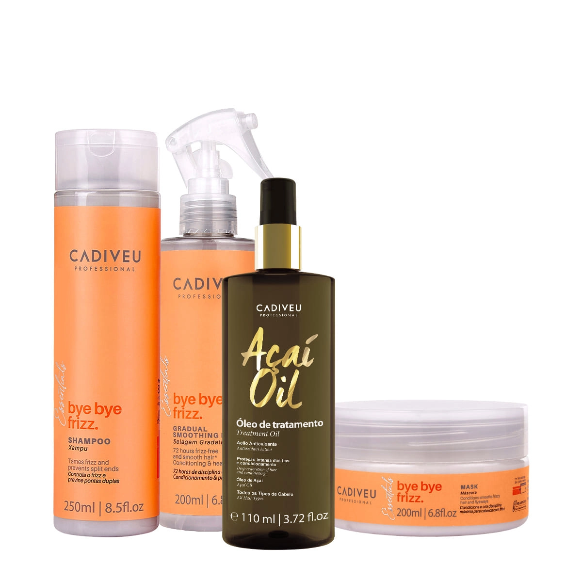 Kit Cadiveu Professional Bye Bye Frizz Shampoo Máscara Selagem Gradativa E Açaí Oil 110 (4 Produtos)