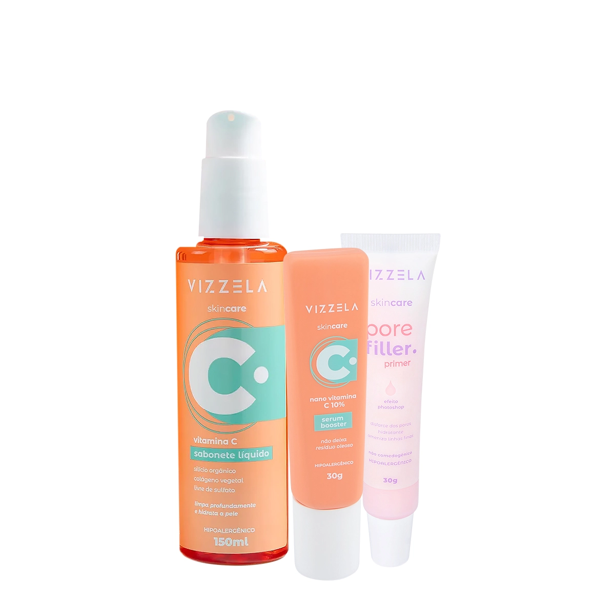 Kit Vizzela Vitamina C Booster Pore Filler Sabonete Sérum Primer (3 Produtos)