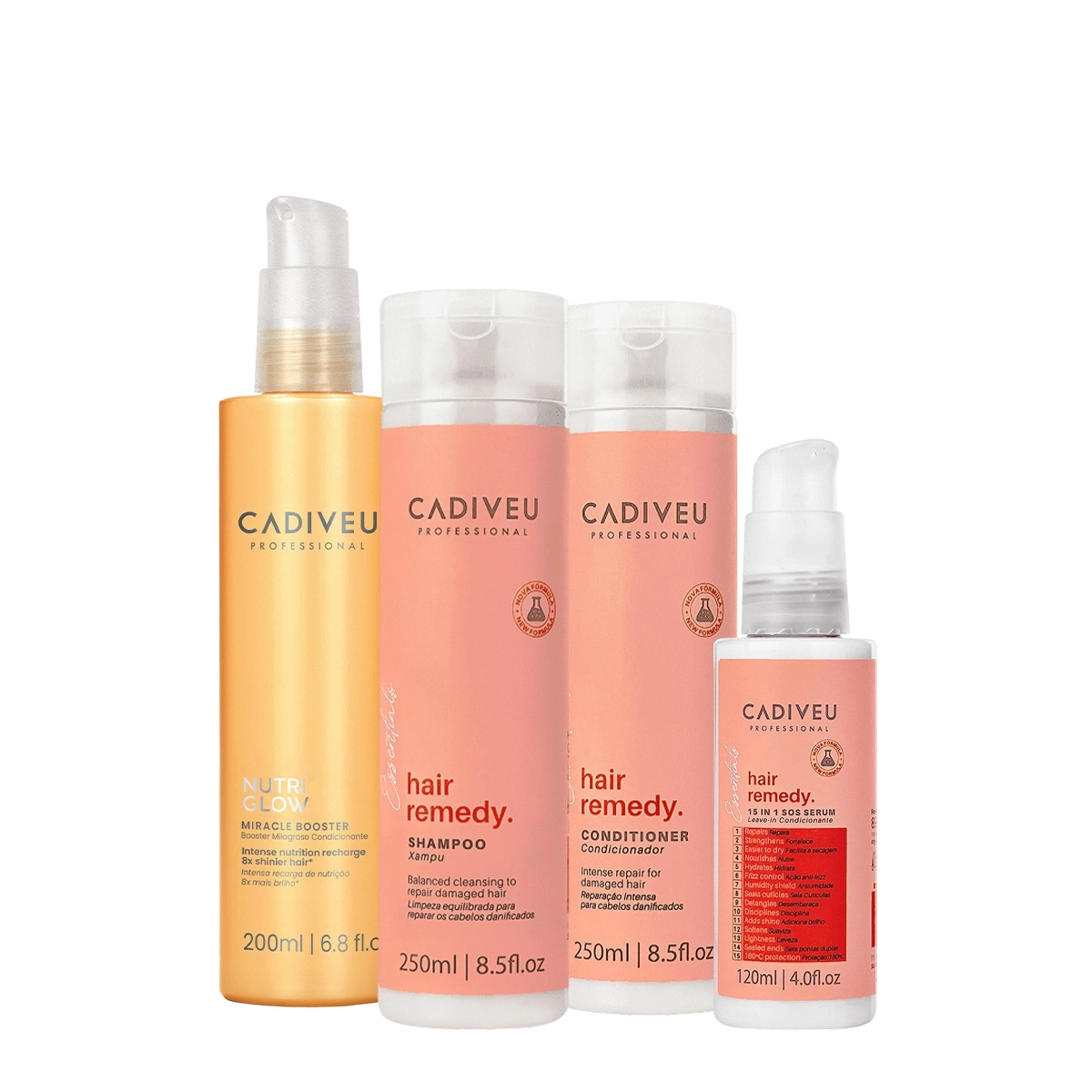 Kit Cadiveu Essentials Hair Remedy Shampoo Condicionador Leave-in Sérum E Nutri Glow Booster (4 Produtos)