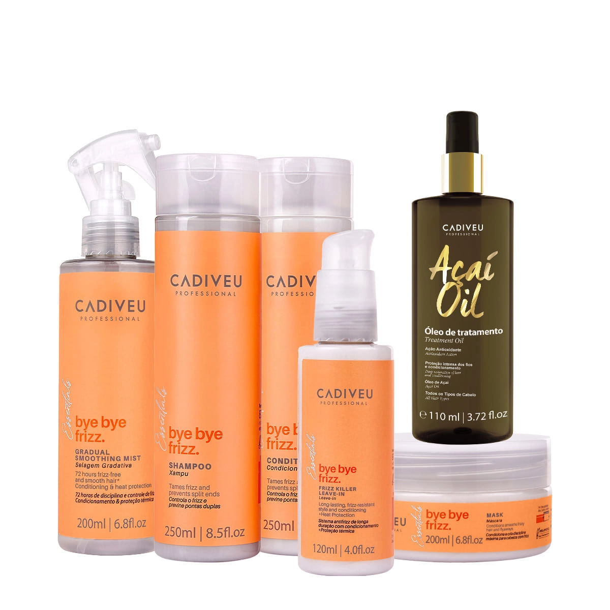 Kit Cadiveu Professional Bye Bye Frizz Shampoo Condicionador Selagem Gradativa Leave-in Máscara E Açaí Oil 110 (6 Produt