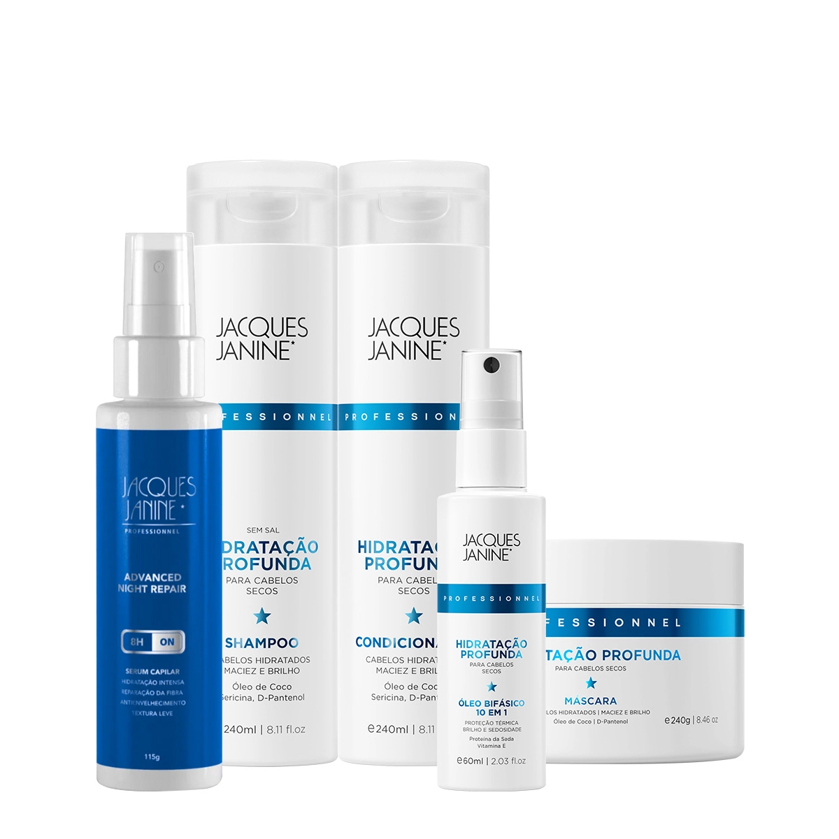 Produto Kit_Jacques_Janine_Hidratacao_Profunda_Shampoo_Condicionador_Mascara_Oleo_bifasico_e_Night_Serum_Evas_1