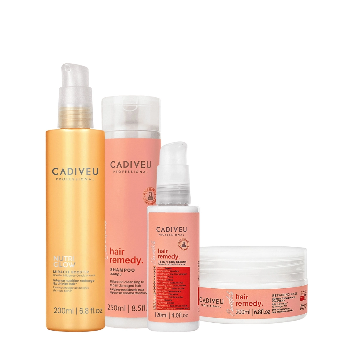 Kit Cadiveu Essentials Hair Remedy Shampoo Máscara Leave-in E Nutri Glow Booster (4 Produtos)
