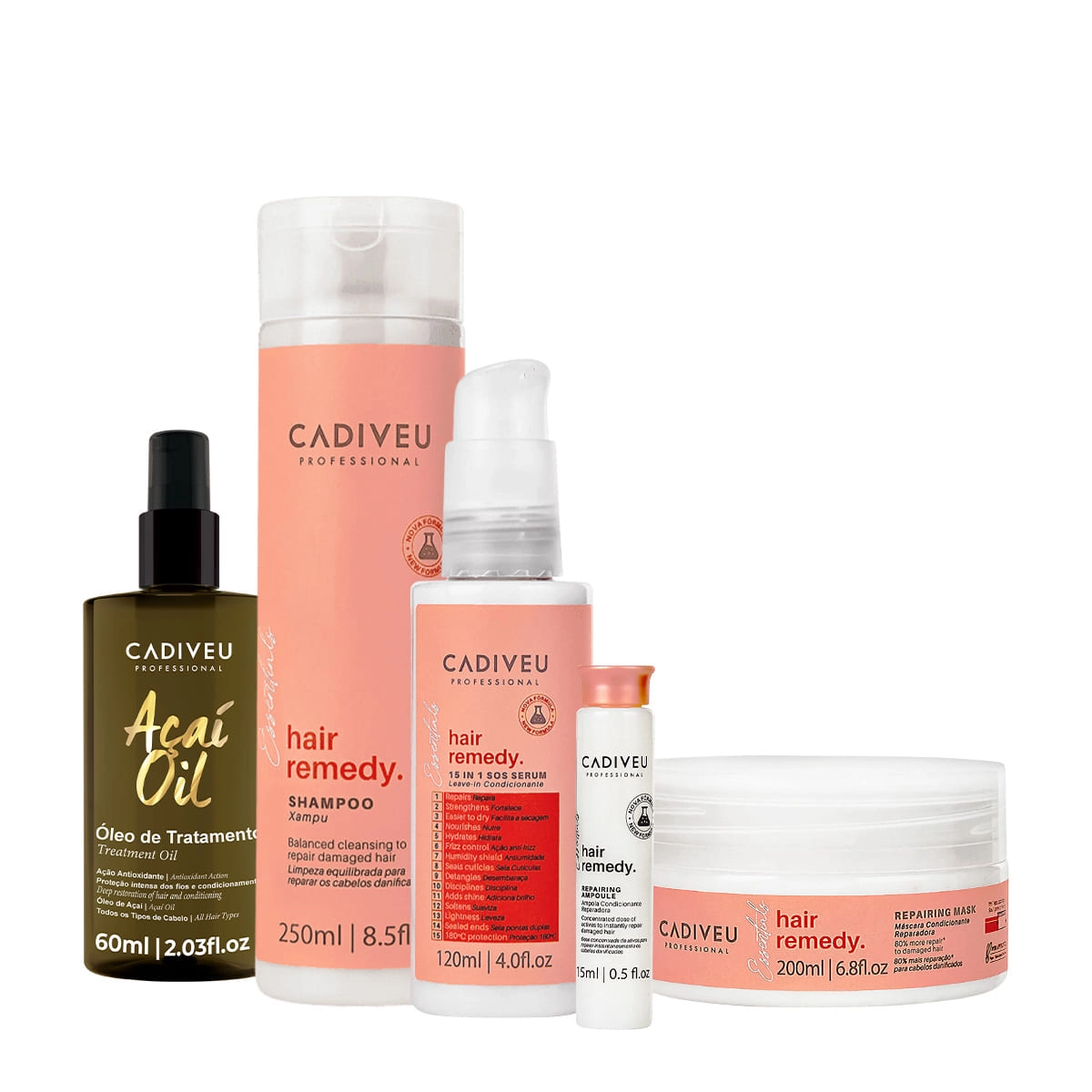 Kit Cadiveu Essentials Hair Remedy Shampoo Máscara Leave-in Sérum Ampola E Açaí Oil 60 (5 Produtos)