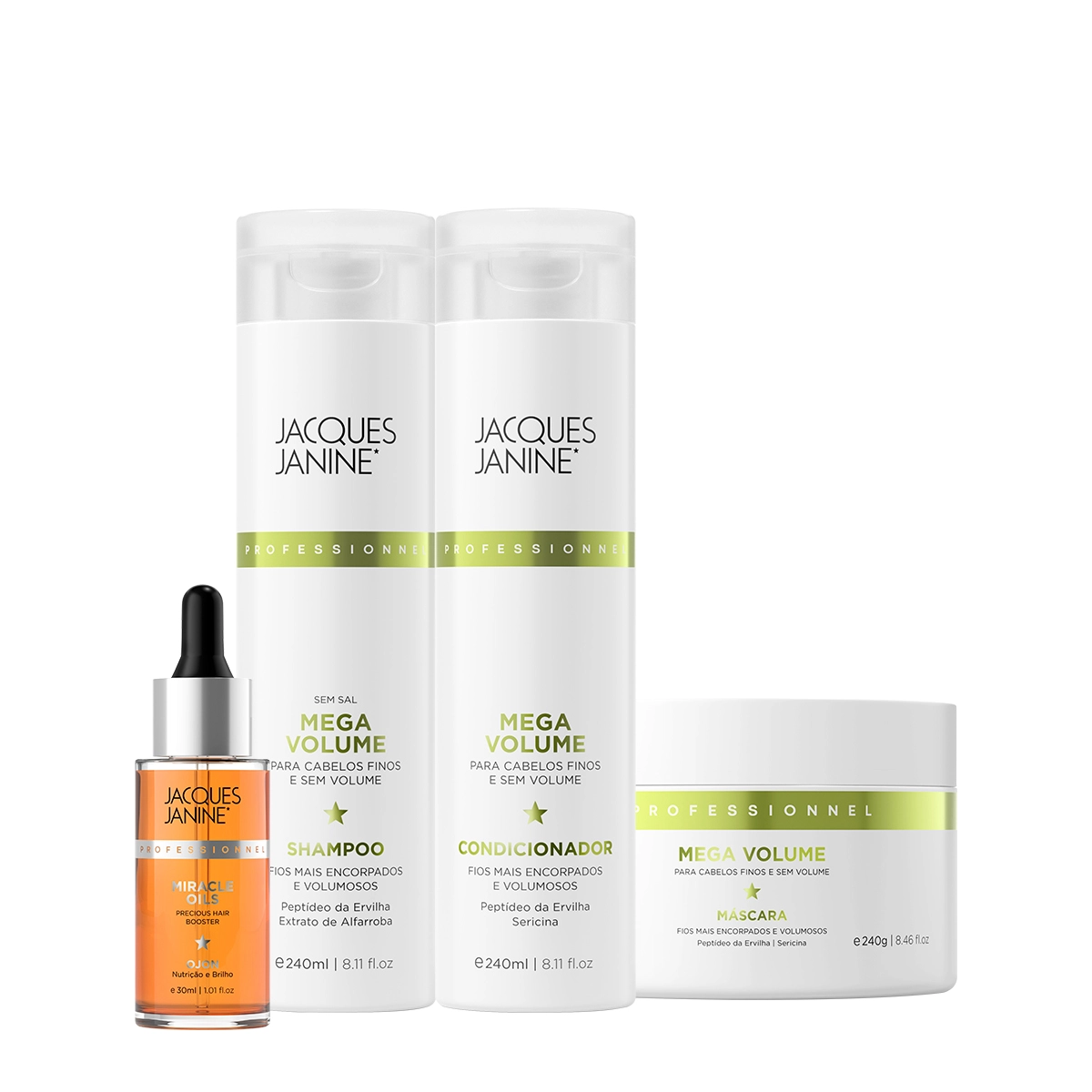Produto Kit_Jacques_Janine_Professionnel_Mega_Volume_Shampoo_Condicionador_Mascara_e_Miracle_Oils_Ojon_Evas_1