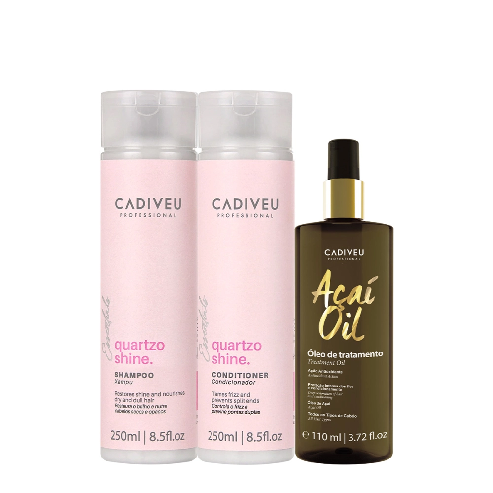 Kit Cadiveu Essentials Quartzo Shine Shampoo Condicionador E Açaí Oil 110 (3 Produtos)