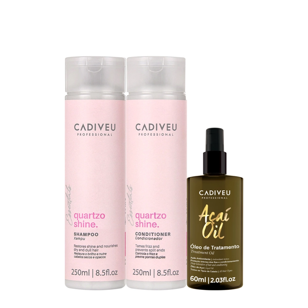 Kit Cadiveu Essentials Quartzo Shine Shampoo Condicionador E Açaí Oil 60 (3 Produtos)