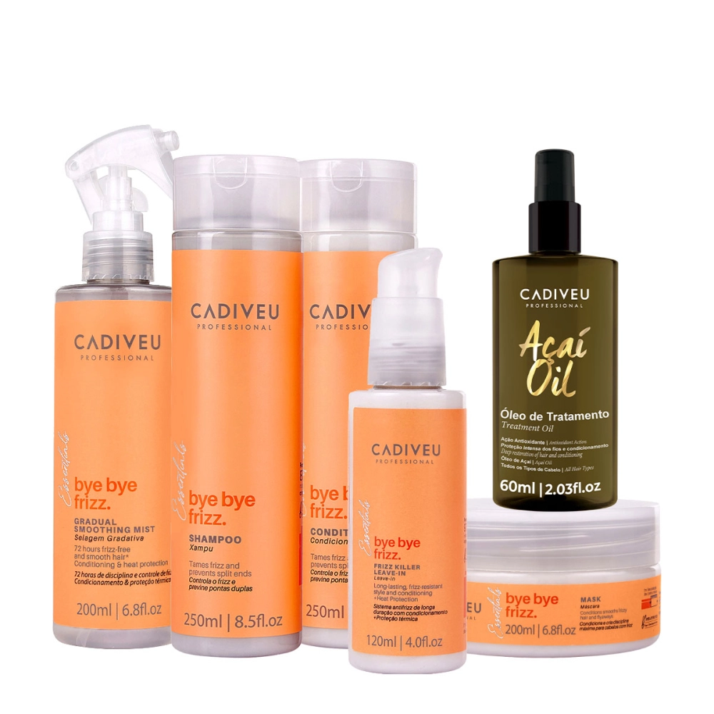 Kit Cadiveu Professional Bye Bye Frizz Completo E Oléo Açai 60ml (6 Produtos)