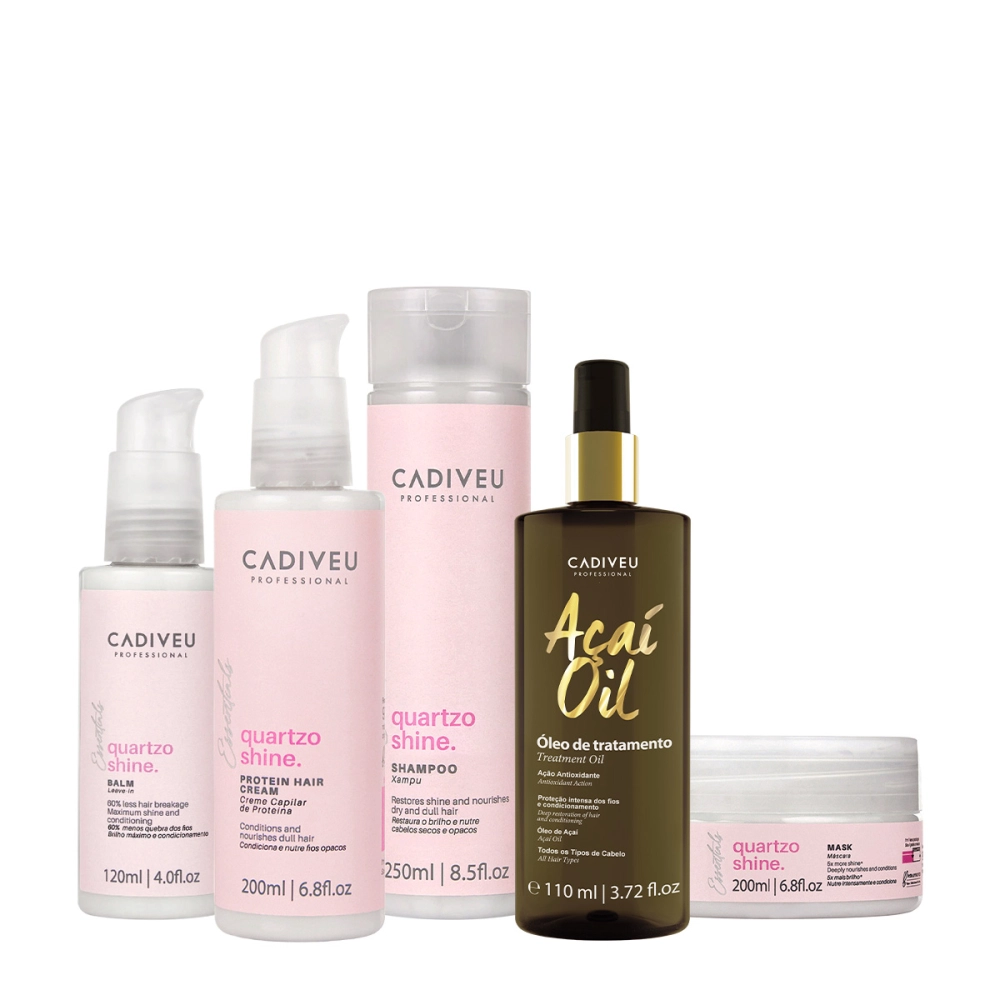 Kit Cadiveu Professional Essentials Quartzo Shine Shampoo Máscara Pré-Shampoo Leave-in E Açaí Oil 110 (5 Produtos)