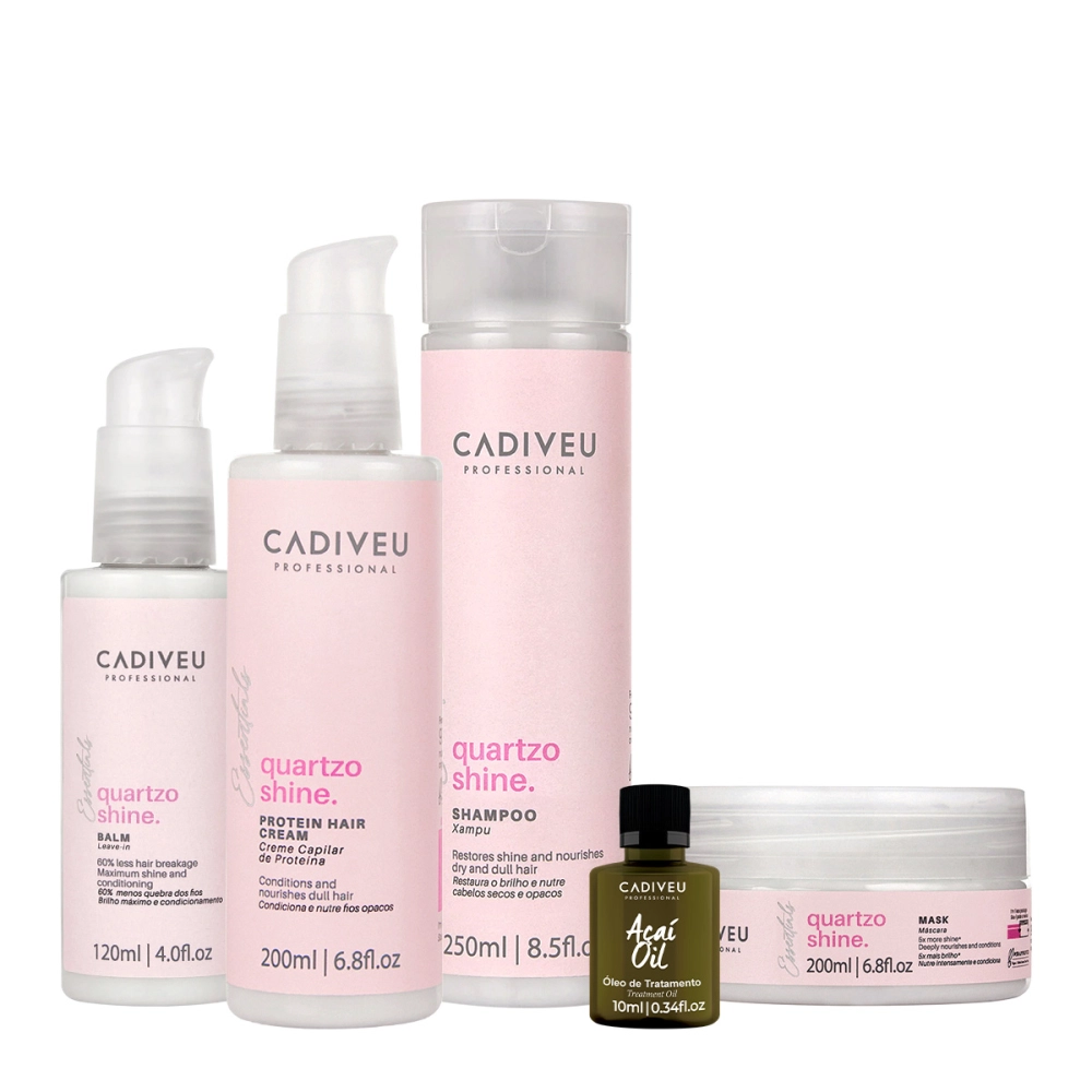 Kit Cadiveu Professional Essentials Quartzo Shine Shampoo Máscara Pré-Shampoo Leave-in E Açaí Oil (5 Produtos)
