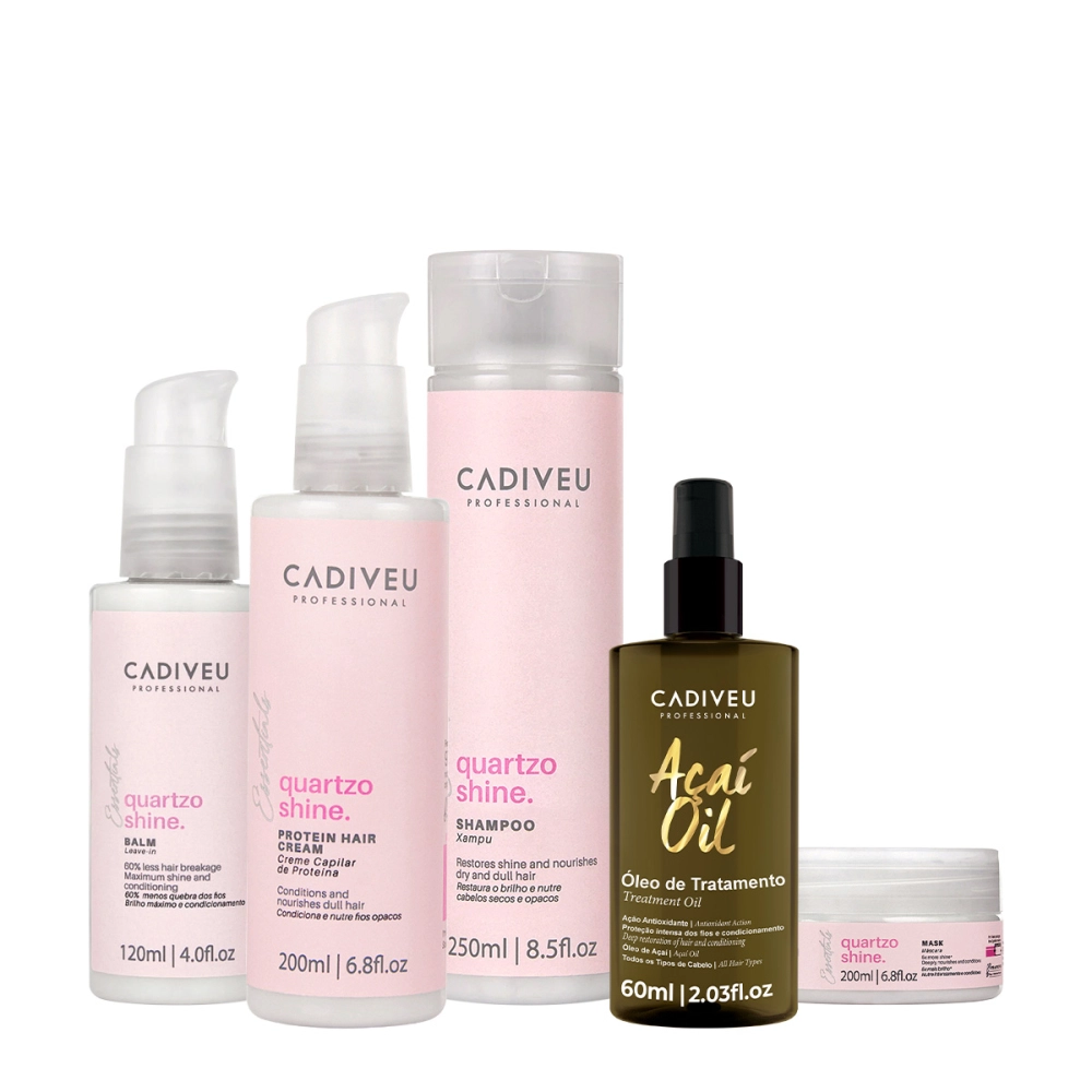 Kit Cadiveu Professional Essentials Quartzo Shine Shampoo Máscara Pré-Shampoo Leave-in E Açaí Oil 60 (5 Produtos)