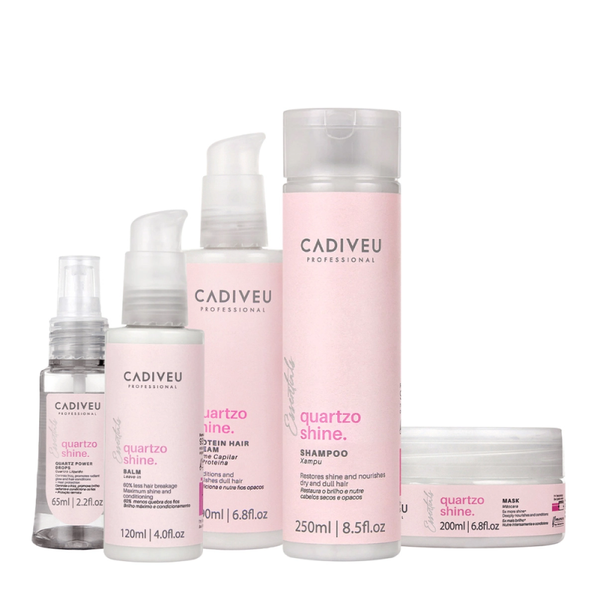Kit Cadiveu Professional Essentials Quartzo Shine Shampoo Máscara Pré Shampoo Óleo E Leave-in (5 Produtos)