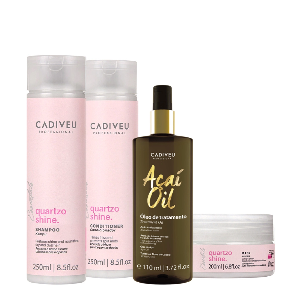 Kit Cadiveu Professional Quartzo Shine Shampoo Condicionador Máscara E Açaí Oil 110 (4 Produtos)
