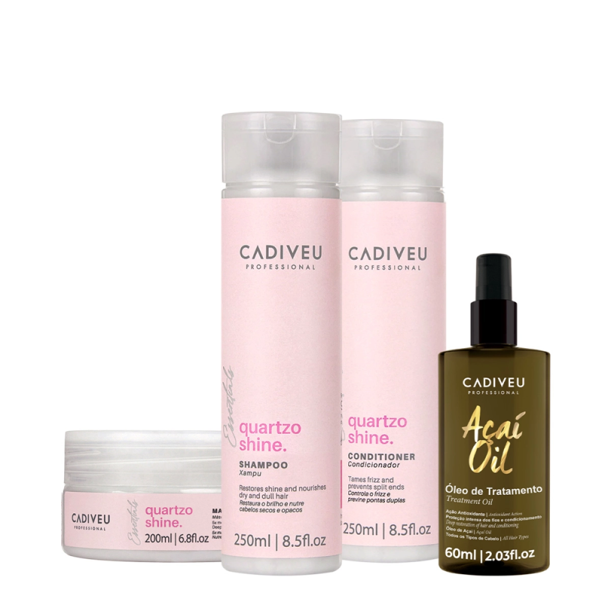 Kit Cadiveu Professional Quartzo Shine Shampoo Condicionador Máscara E Açaí Oil 60 (4 Produtos)