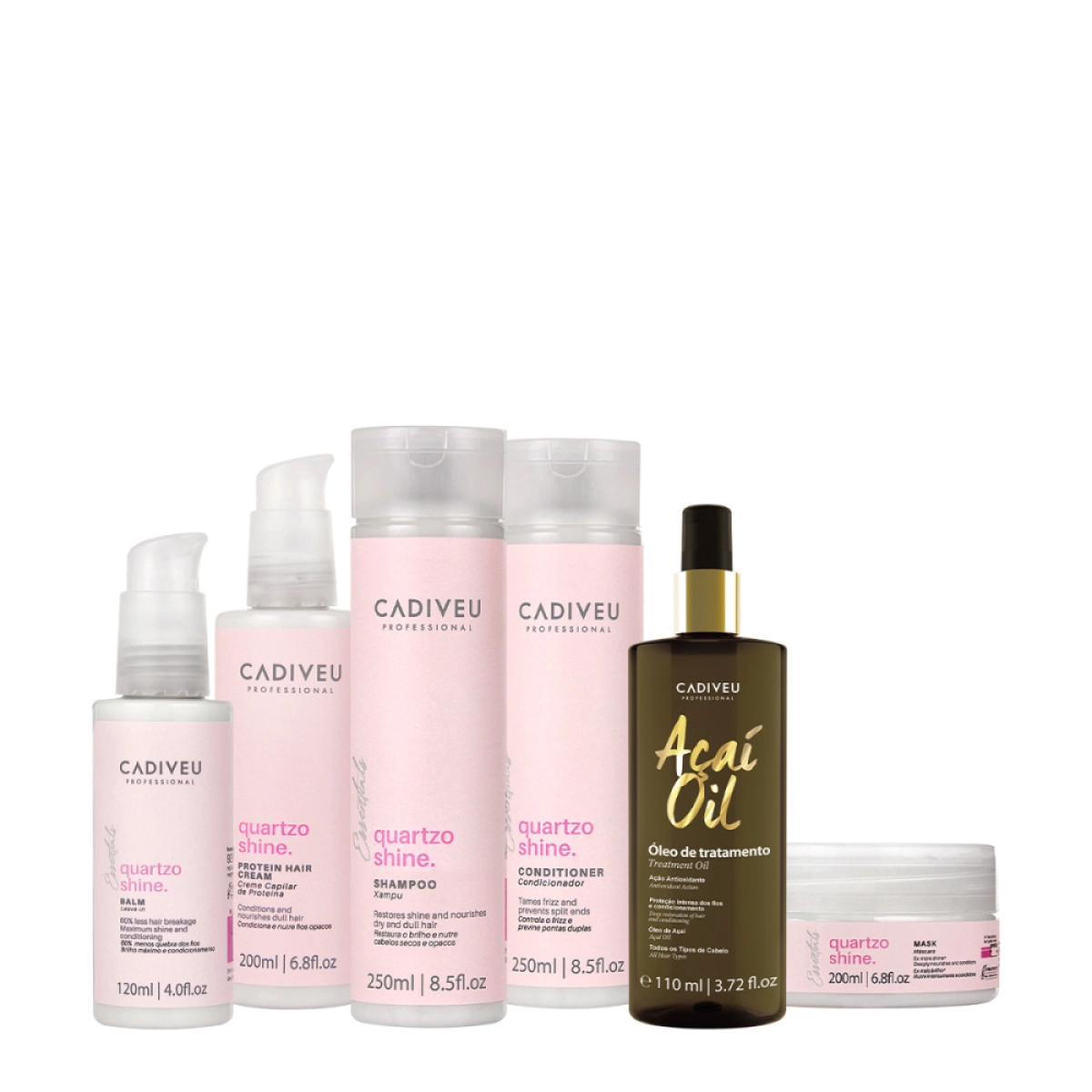Kit Cadiveu Professional Quartzo Shine Shampoo Condicionador Máscara Pré-Shampoo Leave-in E Açaí Oil 110 (6 Produtos)