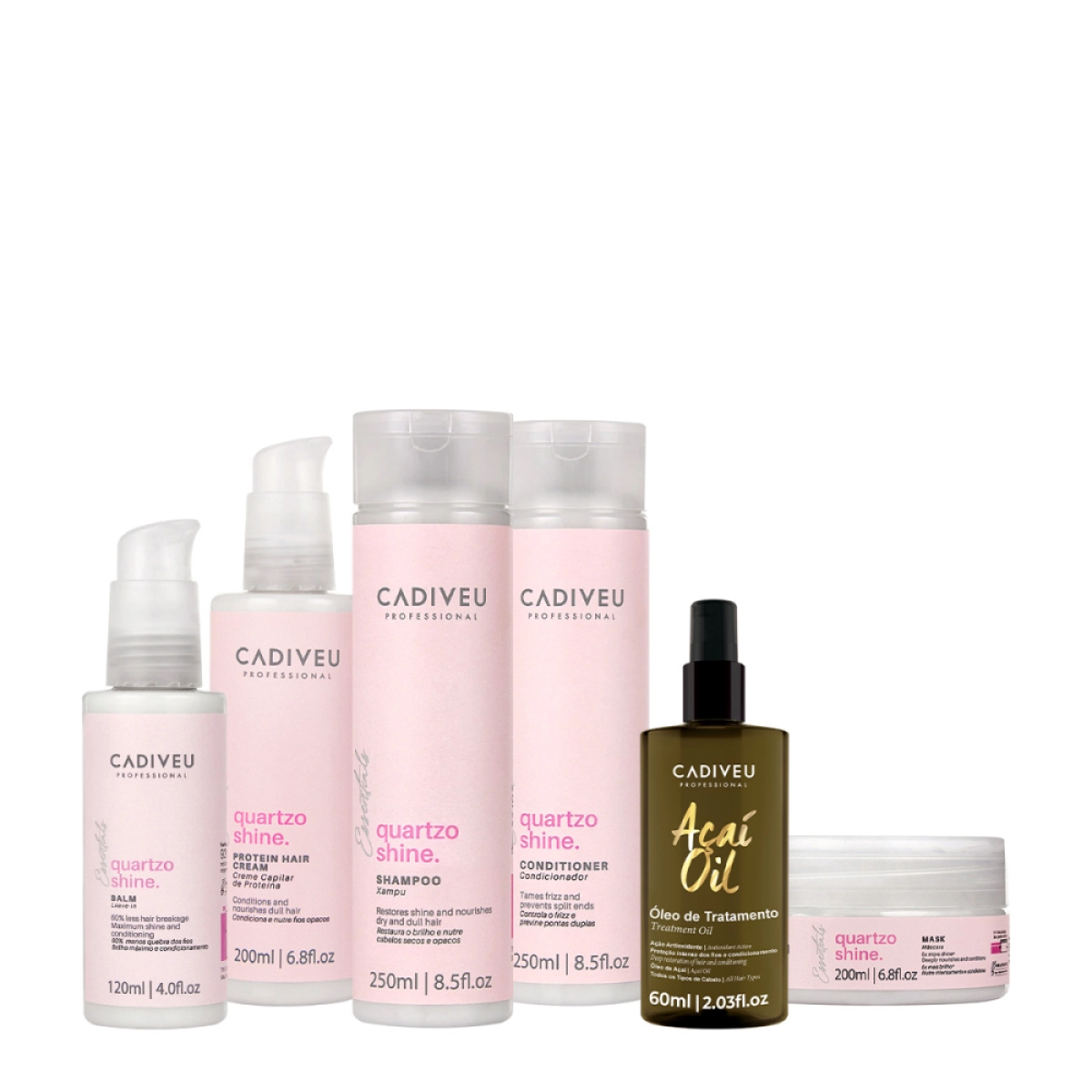 Kit Cadiveu Professional Quartzo Shine Shampoo Condicionador Máscara Pré-Shampoo Leave-in E Açaí Oil 60 (6 Produtos)