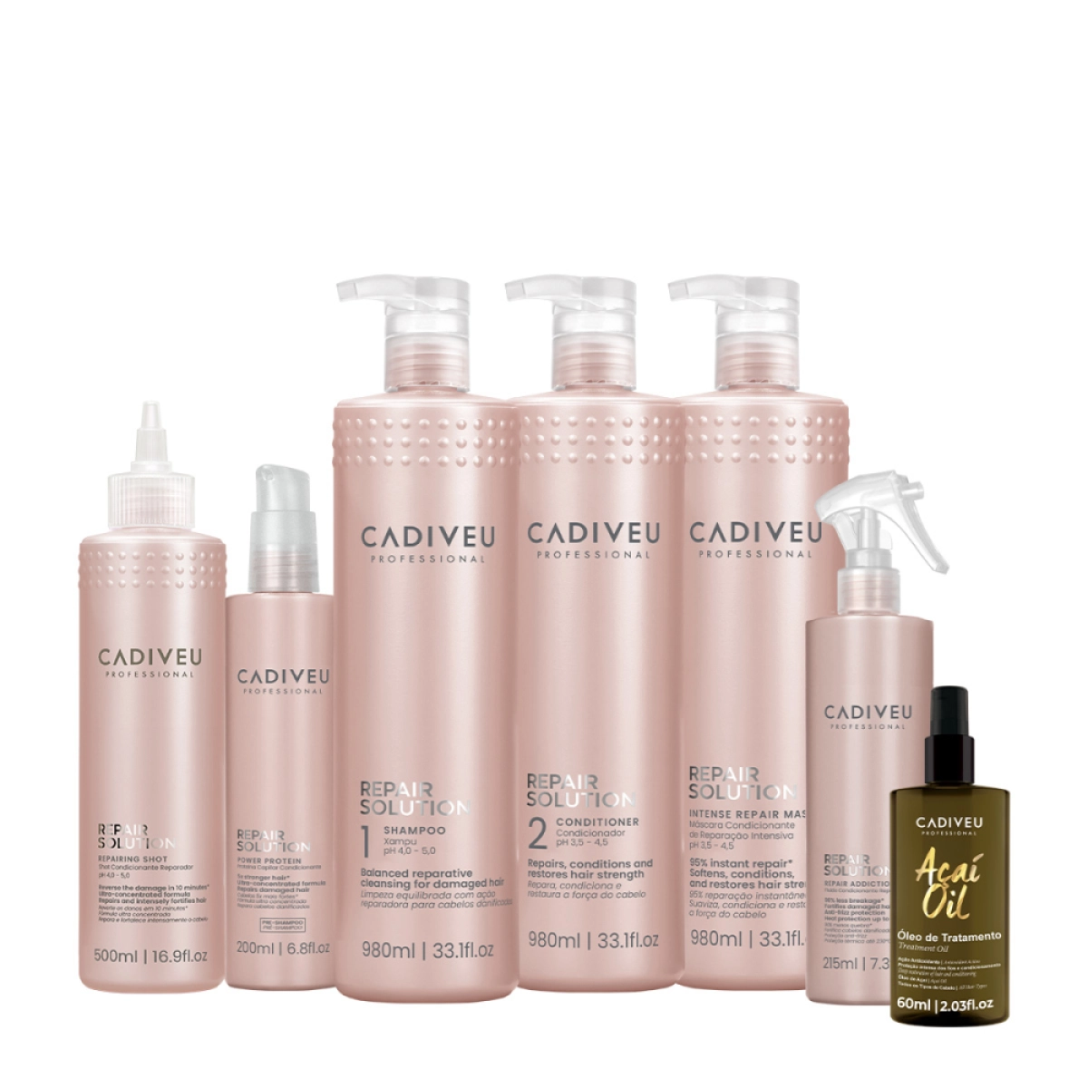 Kit Cadiveu Repair Solution Litro Completo E Açaí Óleo 60ml (7 Produtos)