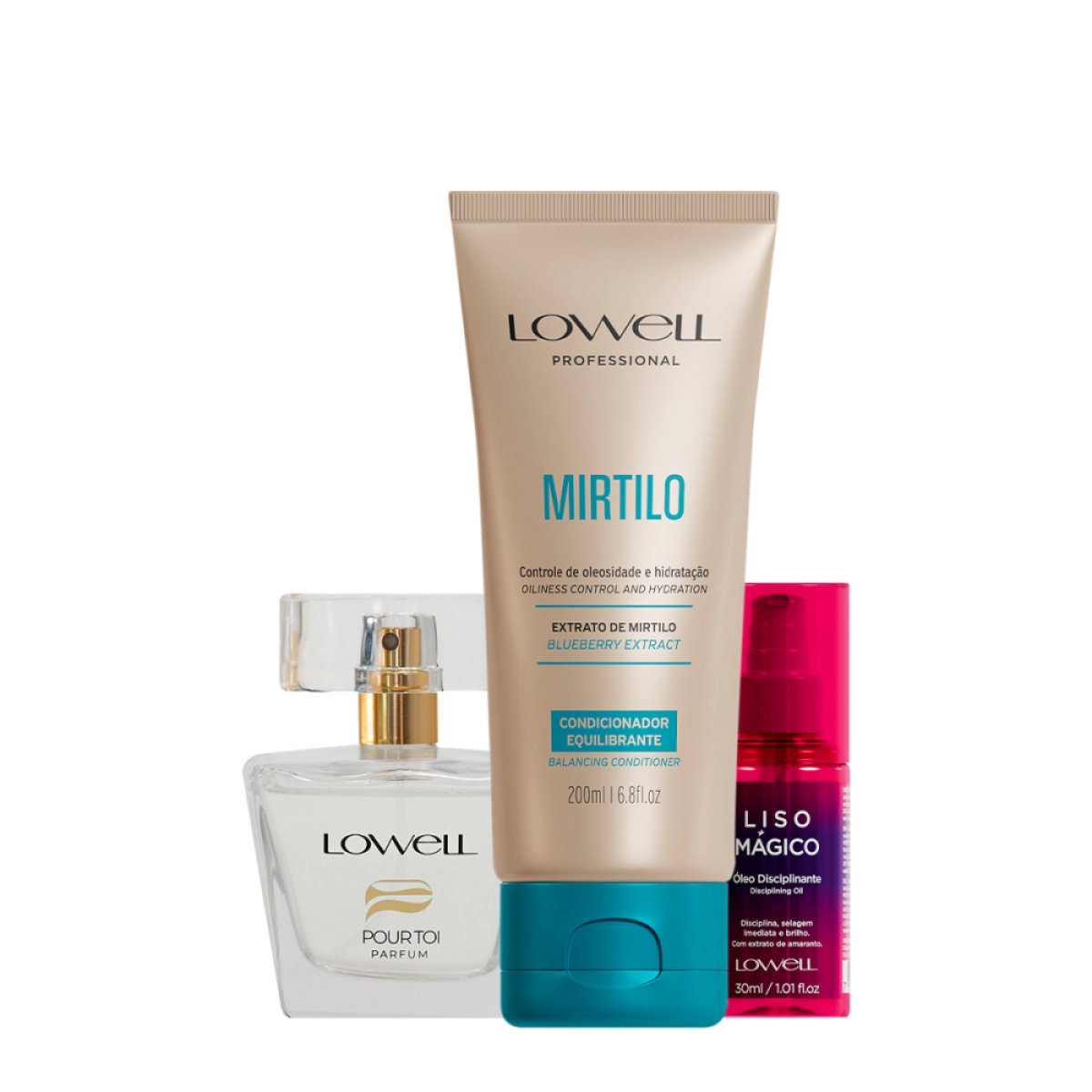 Kit Lowell Extrato De Mirtilo Condicionador Liso Mágico Óleo Capilar E Pour Toi Parfum Cabelo E Corpo (3 Produtos)
